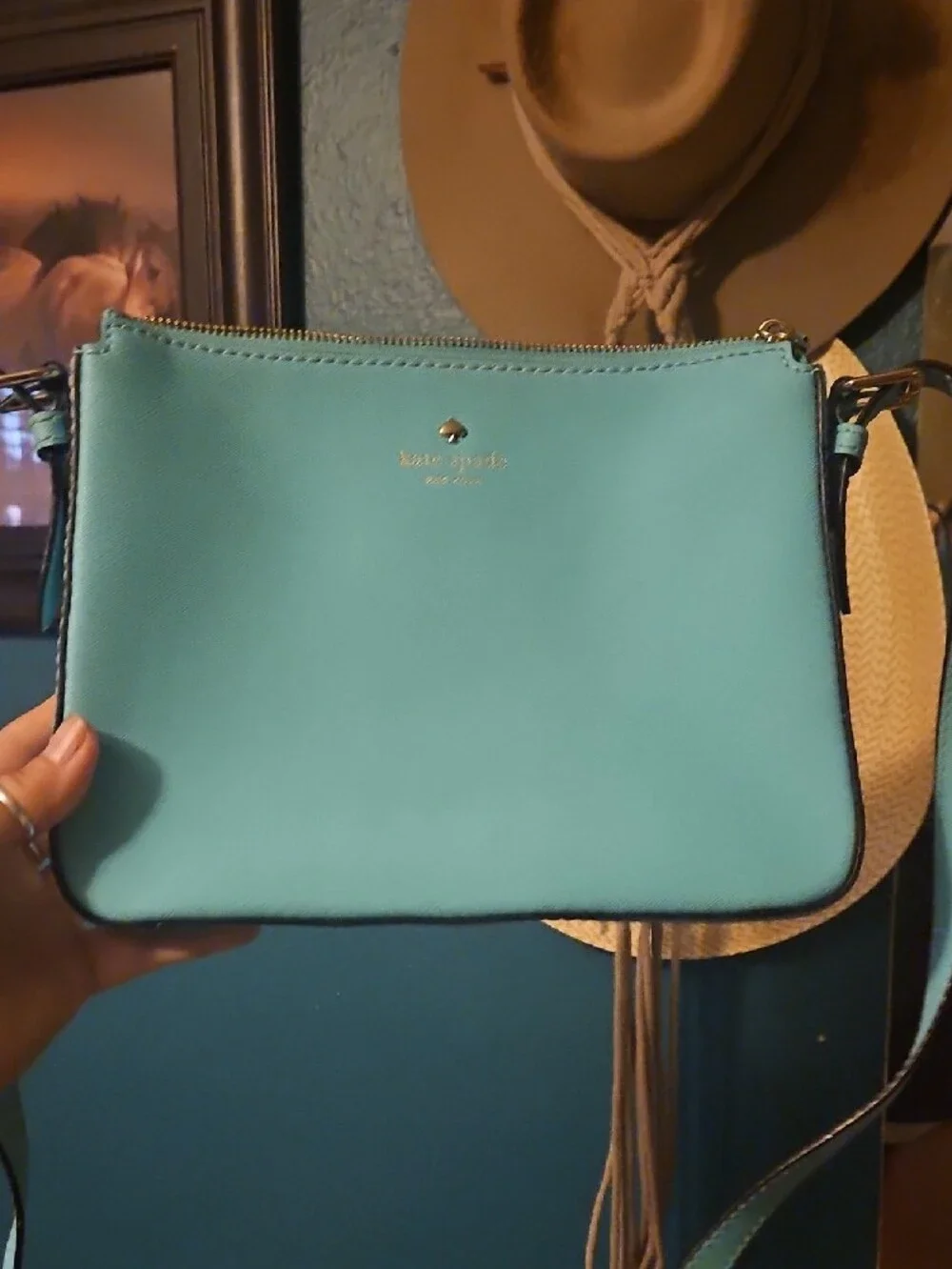 kate spade mint green leather tote with gold logo